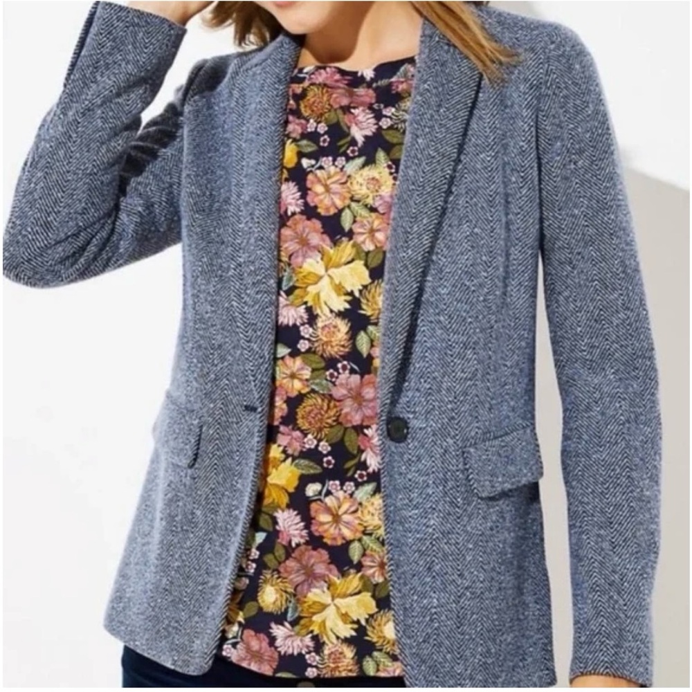 LOFT Navy Houndstooth Chevron Tweed Blazer Jacket Suit Women’s Size 6 - Picture 2 of 13